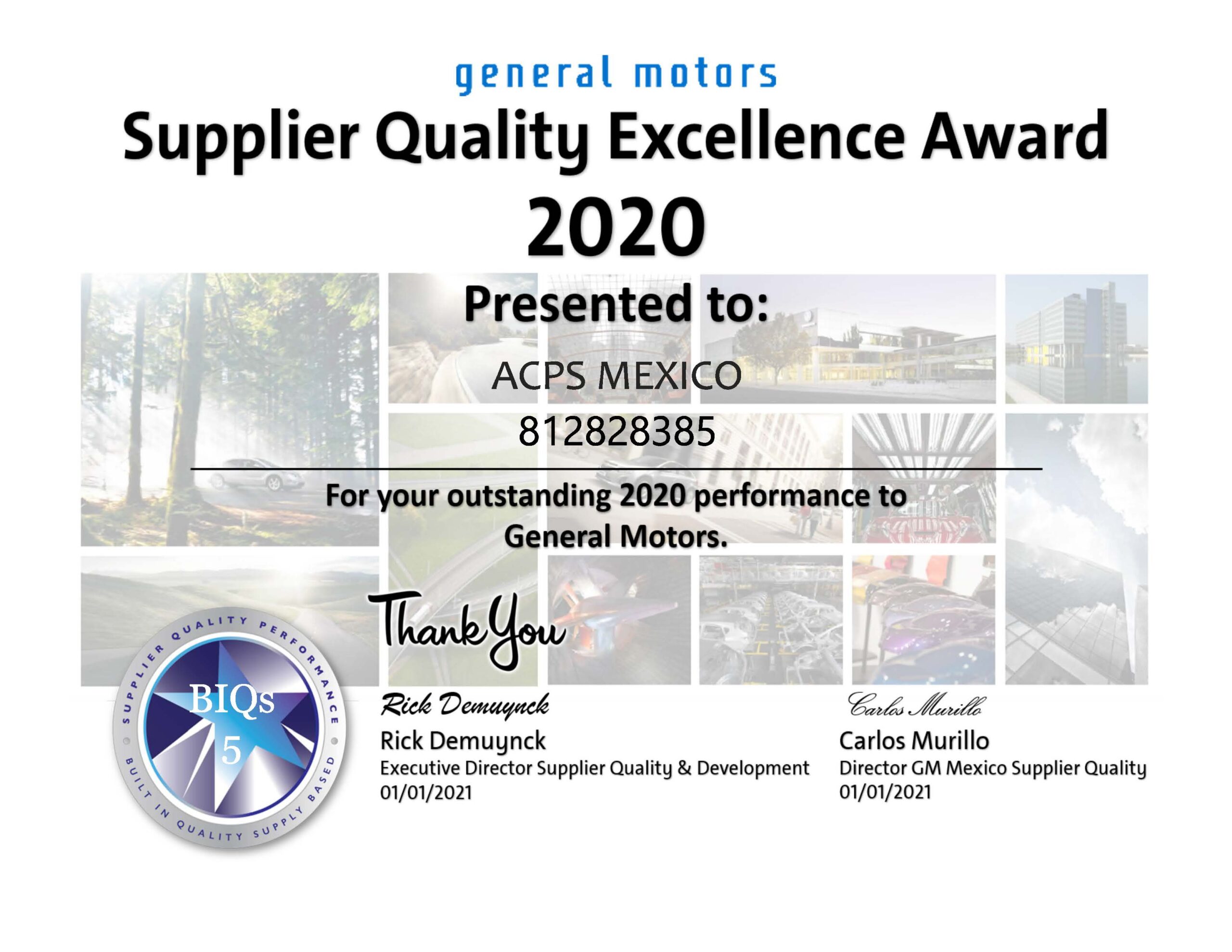 ACPS Automotive Mexico (Querétaro) receives General Motors Supplier Quality Excellence Award 2020